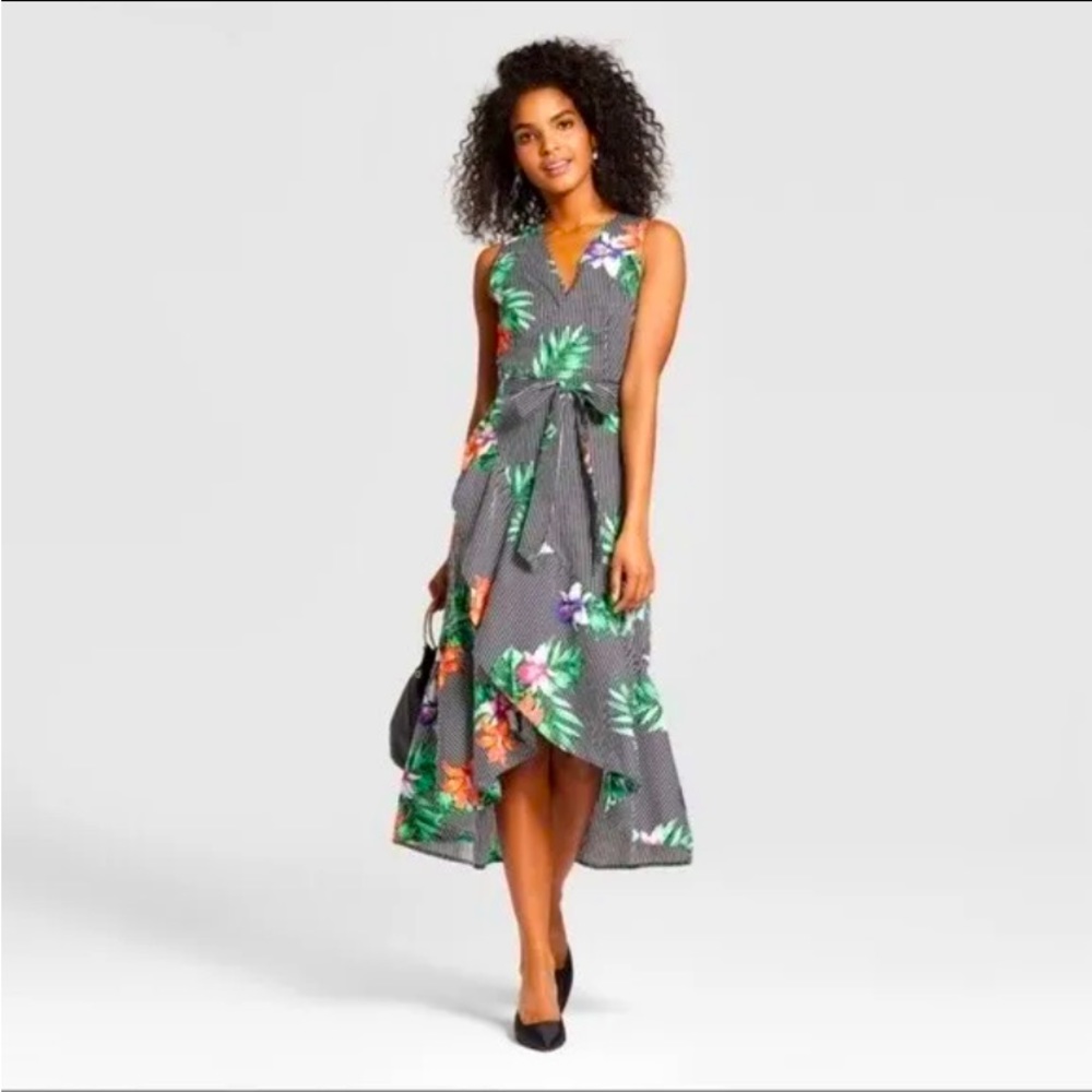 Striped floral sleeveless ruffle midi wrap dress by Who What Wear. Size: 2X. - Picture 2 of 6